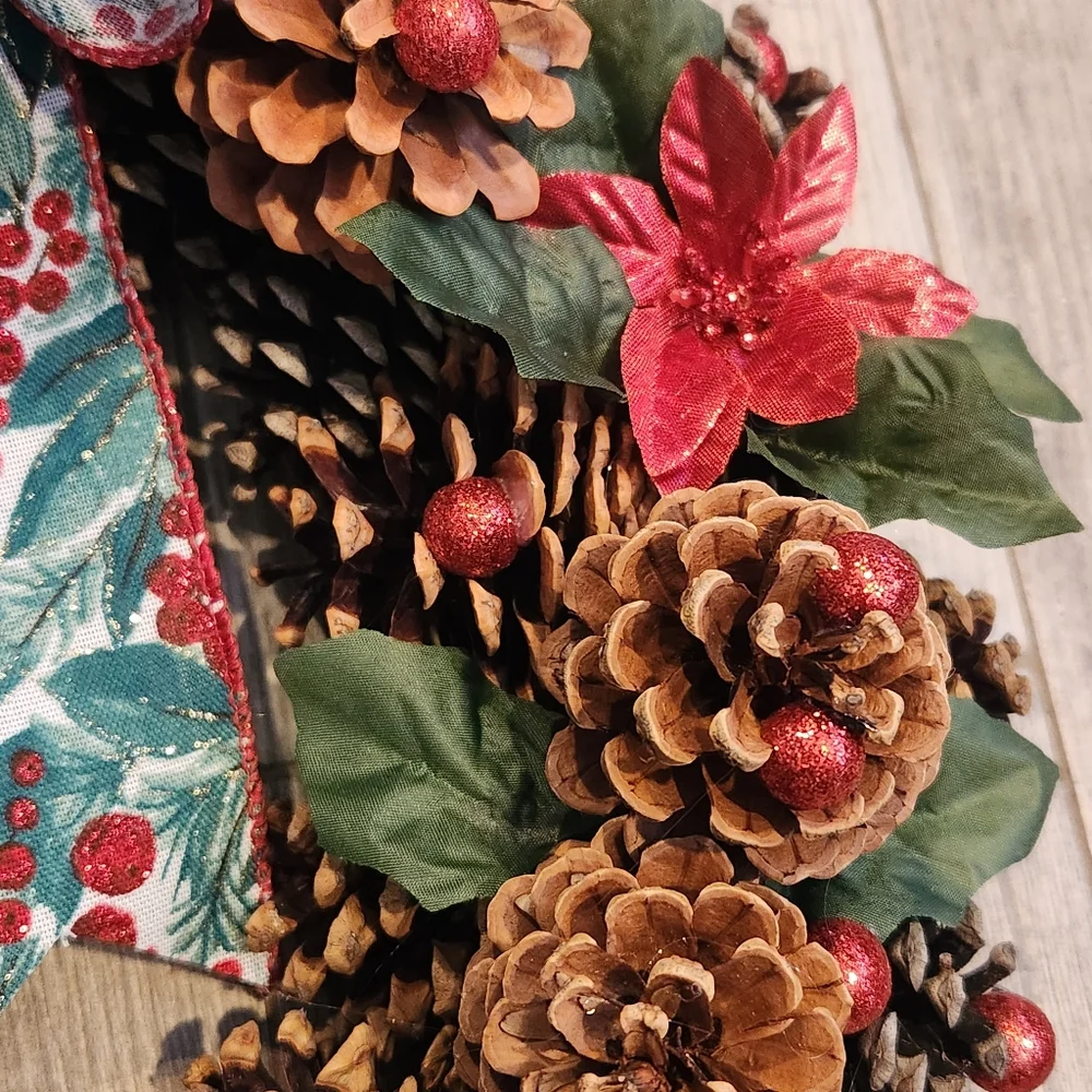 Red Poinsettia & Winter Greens Pinecone Wreath